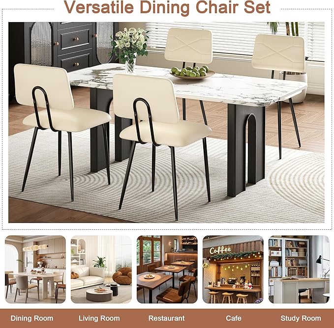VECELO Dining Chairs Set of 4, Modern Upholstered Kitchen Chairs with Faux Leather Cushion Seat & Metal Legs for Kitchen, Living Room, Tufted Backrest Design, Beige