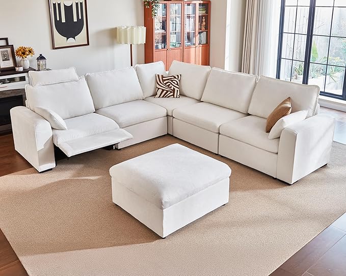 Oversized Modular Sectional Sofa with Power Recliner, Plush Cloud Couch with Headrest, Convertible Deep L-Shaped 6 Seater with Corner and Storage Ottoman, Chenille, White