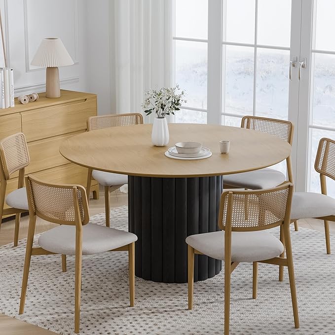 Casaphoria 52" Round Dining Table for 6, Two-Tone Wood Top and Black Pedestal Base, Modern Farmhouse Style, Dining Table Only