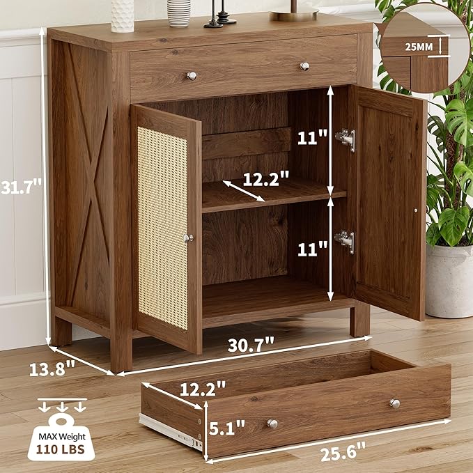 31" Sideboard Buffet Cabinet, Farmhouse Kitchen Buffet Cabinets with Doors and Adjustable Shelves, Rattan Sideboard Storage Cabinets for Kitchen, Living Room(Brown, 2 Pieces)