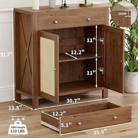 31" Sideboard Buffet Cabinet, Farmhouse Kitchen Buffet Cabinet with Storage and Drawers, Cabinets with Doors and Adjustable Shelves, Rattan Sideboard Storage Cabinets for Kitchen, Living Room