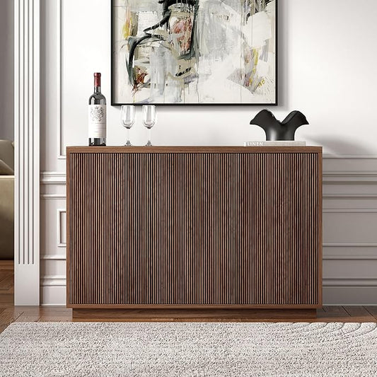 Henn&Hart 47.5'' Fluted Sideboard Buffet Cabinet, Ribbed Modern Wooden Credenza with 3 Doors, Adjustable Shelves, and Cable Management Cut-Outs for Dining Room, Kitchen or Living Room, Satin Walnut