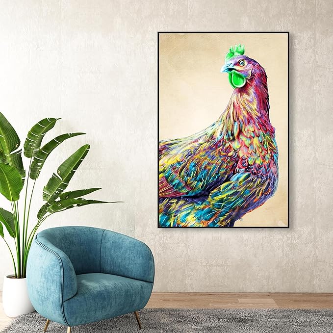 Country Farmhouse Canvas Print Painting Animal Wall Art 'Fun Colorful Glam Rooster' Black Framed Canvas Rustic Home Décor 36x54 in Pink, Green by Oliver Gal