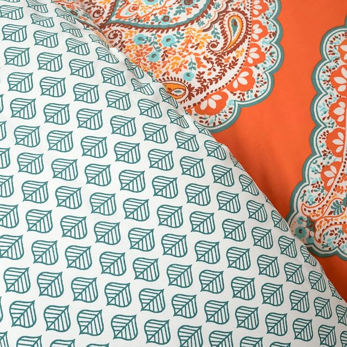 Lush Decor Harley Reversible Cotton Duvet Cover King Size 3 Piece Set Tangerine - Boho Bedding Set King Duvet Covers - Orange Boho Bedroom Decor