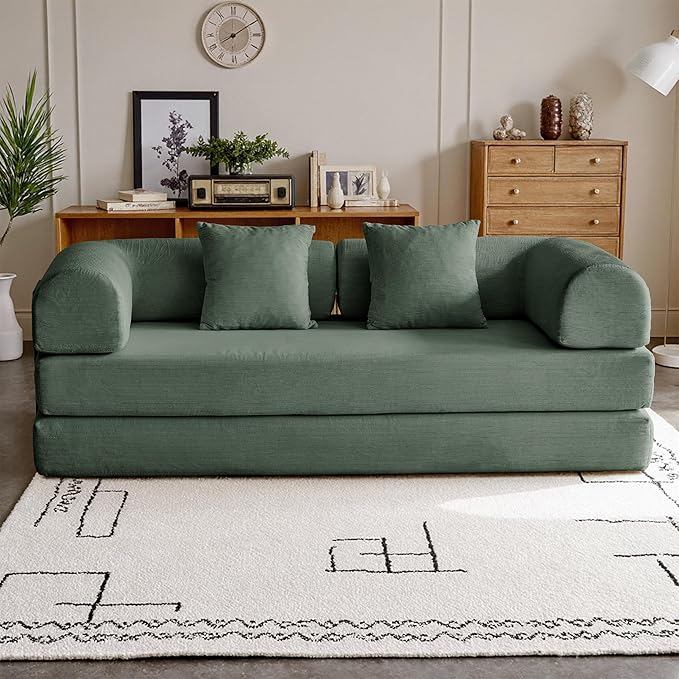 87'' Convertible Compressed Corduroy Folding Cloud Sofa Bed, Modern Modular Boneless Pull Out 3 Seater Sleeper in a Box, 5 in 1 Foldable Floor Mattress Couch, No Assembly Need, Green, 2 Pillows, King
