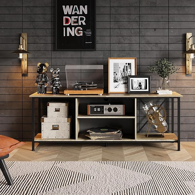 WLIVE Industrial TV Stand for Up to 65 inch TV, Heavy-Duty Metal Frame Entertainment Center with Adjustable Shelves & Cable Management, Media TV Console for Living Room Bedroom, Gerige