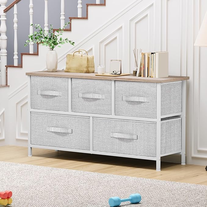YITAHOME Dresser with 5 Drawers - Fabric Storage Tower, Organizer Unit for Bedroom, Living Room, Closets - Sturdy Steel Frame, Wooden Top