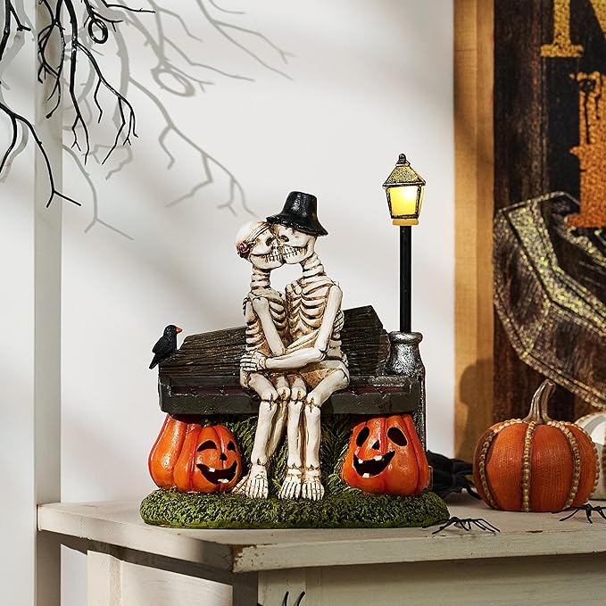 TERESA'S COLLECTIONS Halloween Decorations, Love Never Dies, Skeleton Decor, Couple Kissing Skeletons and Solar Light, 10", Waterproof Resin Halloween Decor, Skeleton Gifts Indoor/Outdoor