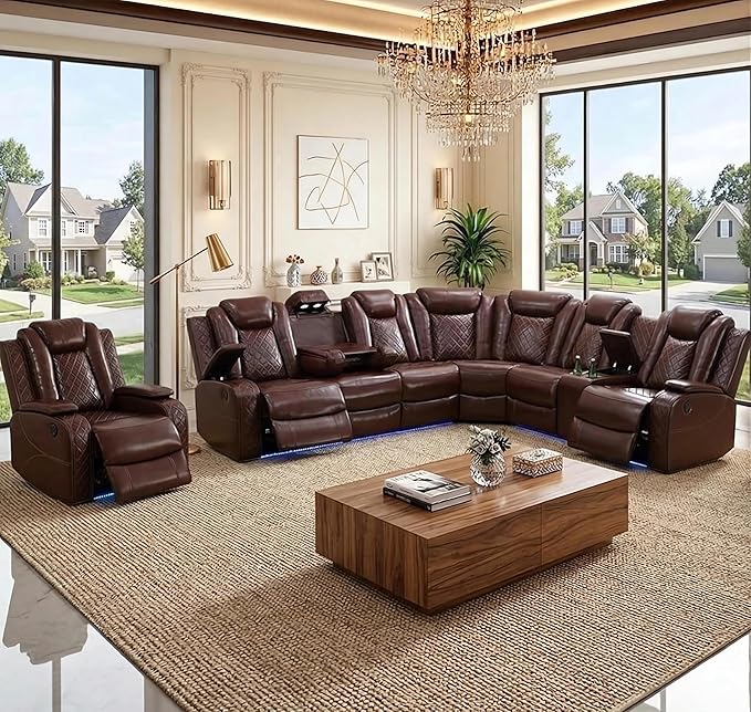 Power Reclining Sectional Sofa Set with LED, Living Room Furniture Sets, Leather Recliner Couch for Living Room/Home Theater, Sectional Couch and Chair with 3 Recliners, USB Port/Hide-Away Storage