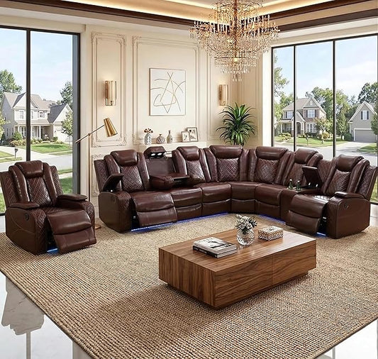 Power Reclining Sectional Sofa Set with LED, Living Room Furniture Sets, Leather Recliner Couch for Living Room/Home Theater, Sectional Couch and Chair with 3 Recliners, USB Port/Hide-Away Storage