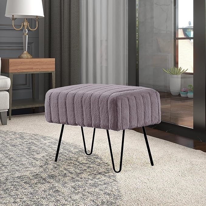 Home Soft Things Super Mink Faux Fur Gray Ottoman Bench 19" x 13" x 17", Charcoal, Living Room Foot Rest Stool Entryway Makeup Bench End of Bed Bedroom Home Decor Chair for Sitting