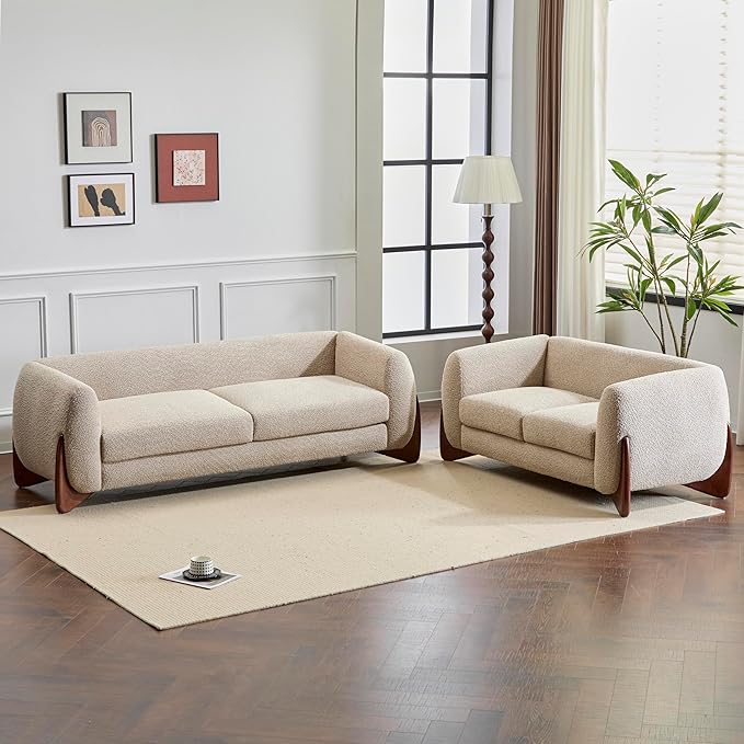 Christopher Knight Home Almad 2 Pieces Sofa Couch Set, Cozy 3-Seater Sofa and Loveseat for Living Room, Upholstered Couch Chair, Soft Seating Lounge Sofa with Wood Frame, Boucle Fabric, Almond