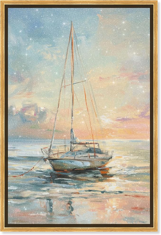 Art Remedy Boat On The Shore Framed Sailing 1 Piece Canvas Wall Art, 31.5" x 46.5", Gold Frame