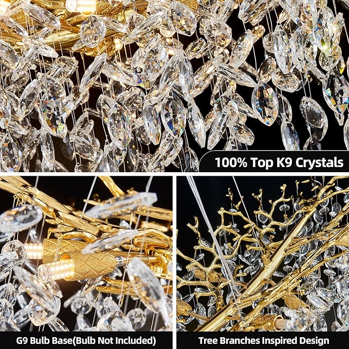 55" Gold Crystal Raindrop Chandelier 16 Light K9 Crystal Pendant Light Fixture Contemporary Tree Branch Chandelier for Dining Room, Living Room Kitchen Island