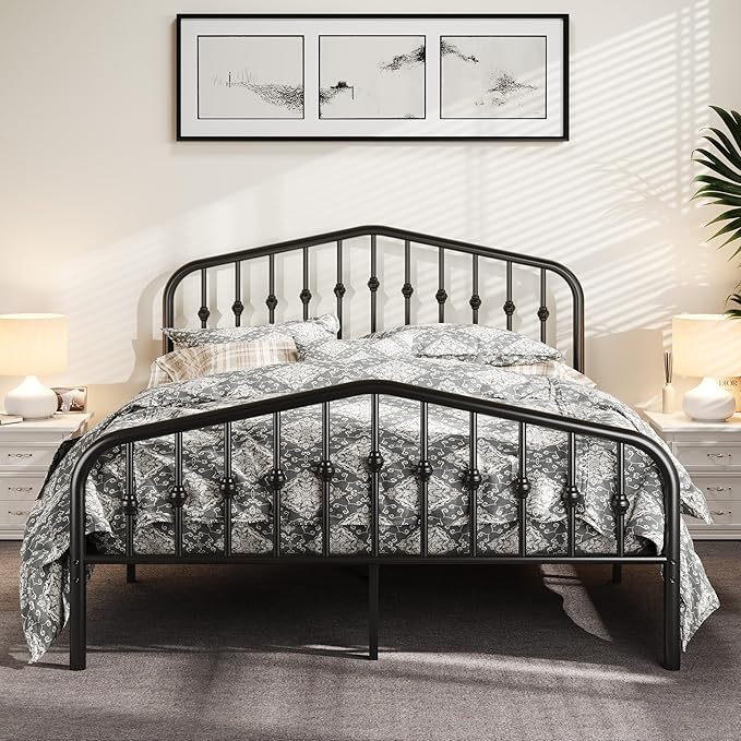 Allewie Full Size Metal Platform Bed Frame with Vintage Headboard and Footboard, No Box Spring Needed, Easy Assembly, Black