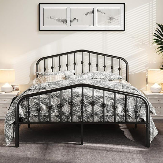 Allewie Full Size Metal Platform Bed Frame with Vintage Headboard and Footboard, No Box Spring Needed, Easy Assembly, Black