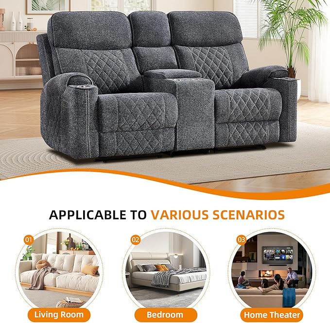 EBELLO Power Reclining Sofa Couch, Fabric Electric Recliner Loveseat Sofa with Cup Holders, USB Type-C Charging Ports and Storage Space, 2 Seats for Small Living Room, Bedroom and Meeting Room, Grey