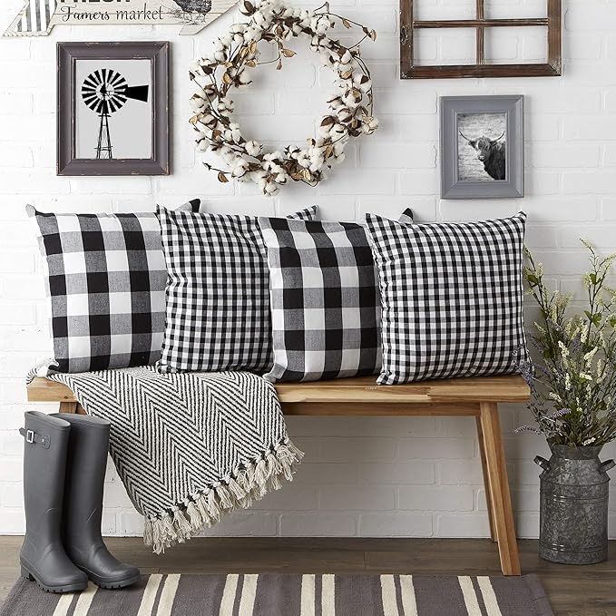 DII Throw Pillow Cover Collection Decorative Cotton Set, Machine Washable, 18x18, Black Gingham, 4 Piece