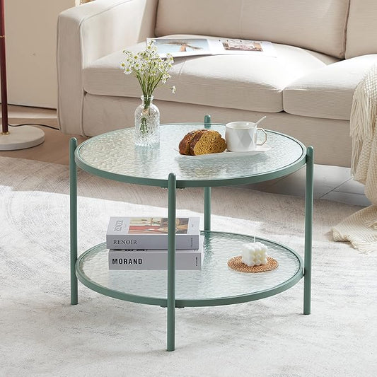VINGLI 25.6" Small Light Bright Green Round Coffee Table Water-Wave Glass Circle Clear Center Coffee Table with 2-Tier Modern Storage Design for Living Room, Bedroom, Meeting Room, Balcony, Patio
