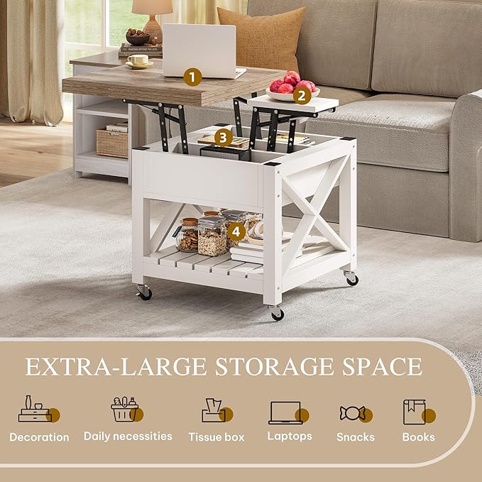 YITAHOME Lift Top Coffee Table with Wheels, Farmhouse Square Coffee Tables for Living Room, 2 Tier Small Coffee Table with Storage Compartment Rustic Wood Cocktail Table Dining Table, Grey Wash