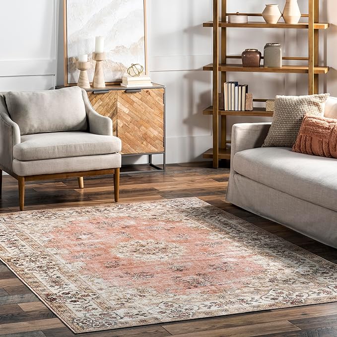 nuLOOM 4' x 6' Machine Washable Stain-Resistant Area Rug with Non Slip Backing, Low Profile for Living Room, Bedroom, and Dining Room, Ren Peach