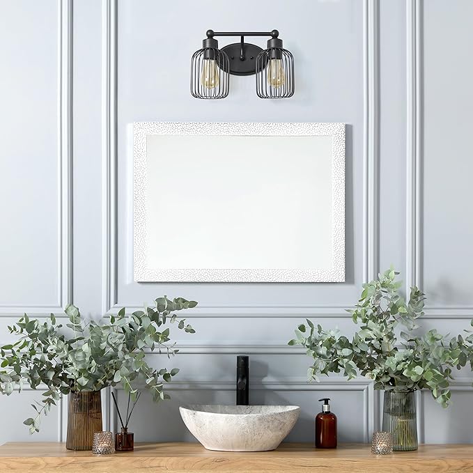 Elegant Designs VT1021-BLK 14" Industrial Farmhouse 2 Light Metal Birdcage Decorative Wall Mounted Vanity Fixture with Matching Metal Oval Backplate Vanity, Black
