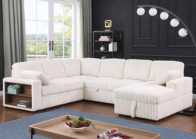 ERYE 117-Inch Oversized U-Shaped Pull Out Sleeper Couch Bed, Modern U Shaped Sleeper Sectional Sofa Corner Convertible Sofa Bed with Storage Chaise and Cabinet for Living Room