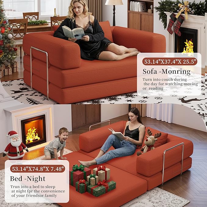 BSHOMGI Folding Sofa Bed, 4 in 1 Convertible Sofas to Lounger Comfy Single Bean Bag Chair Floor Portable Foldable Sleeper Lazy Futon Couch Chair for Bedroom, Living Room (Orange, 53.15" Double Sofa)