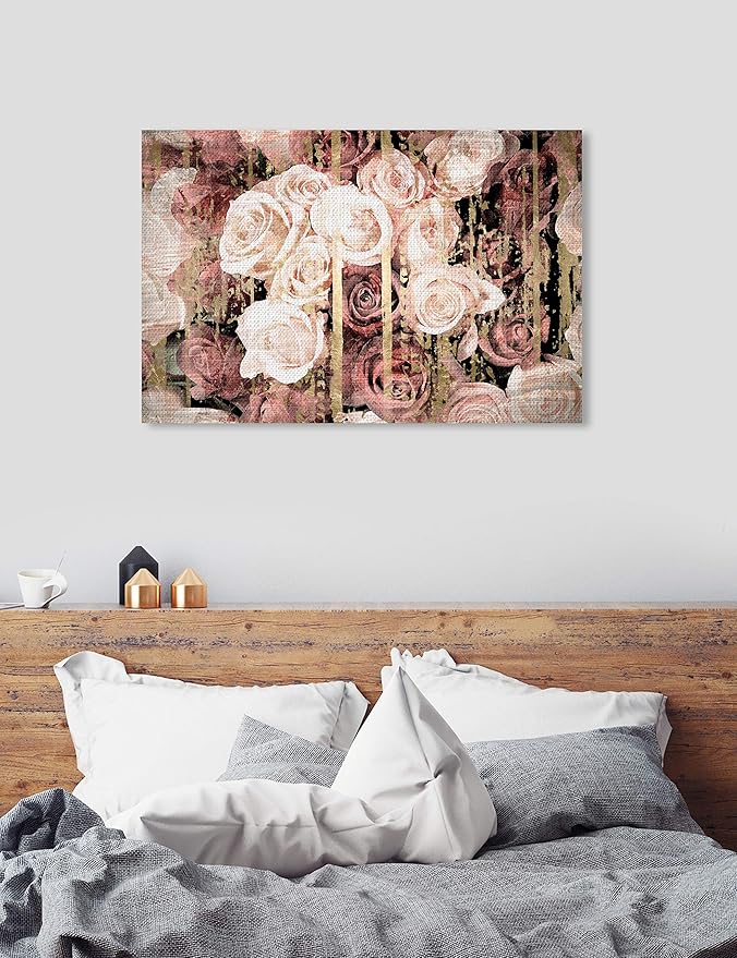 Floral and Botanical Wall Art Canvas Prints 'Shabby Chic Romance' Florals, 54x36, Pink, Brown