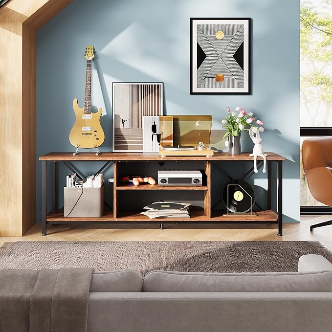 WLIVE Industrial TV Stand for Up to 70 inch TV, Heavy-Duty Metal Frame Entertainment Center with Adjustable Shelves & Cable Management, Large Media Console for Living Room, Rustic Brown