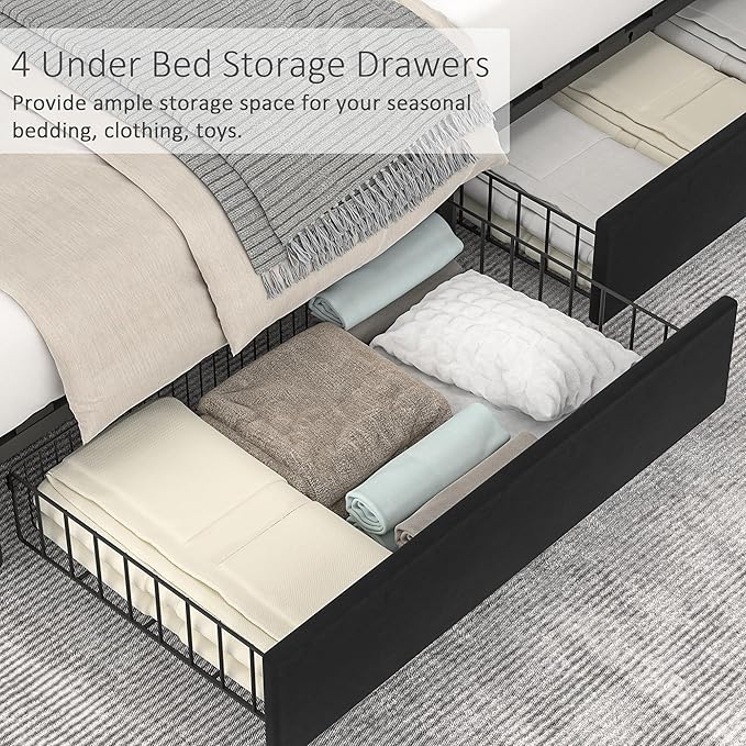 VECELO Queen Size Upholstered Platform Bed Frame with 4 Storage Drawers, Adjustable Velvet Rivets Headboard, Wooden Slats Support, No Box Spring Needed, Easy Assembly