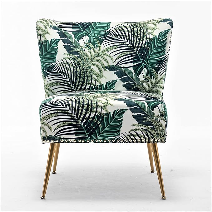 Thia Armless Accent Chair for Living Room, Elegant Seat with Nailhead Trim, Gold Metal Legs and Comfortable Curved Back, 28" D x 25" W x 29.5" H, 01 Floral Print
