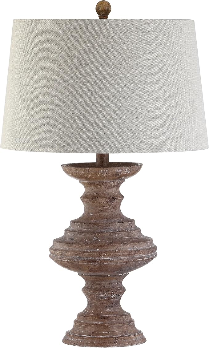 JONATHAN Y 26.5" Brown Faux Bois Resin Table Lamp, Traditional Wood Turned Design for Living Room Bedroom, Light Taupe Linen Shade, LED Bulb Included, UL Listed JYL1001A