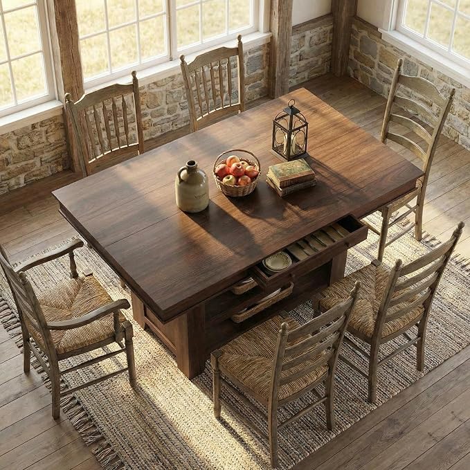 Garvee Counter Height Dining Table with 2 Drawers, 36" Farmhouse Wooden Large Bar Kitchen Table with Wine Rack & 3 Shelves, Rectangular, Thick Frame for Kitchen, Bar & Entertaining, Retro Brown