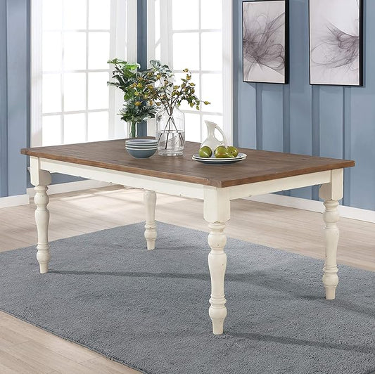 Roundhill Furniture Prato 6-Piece Dining Set, Dining Table with 4 Cross Back Chairs and Bench, Antique White and Distressed Oak Finish