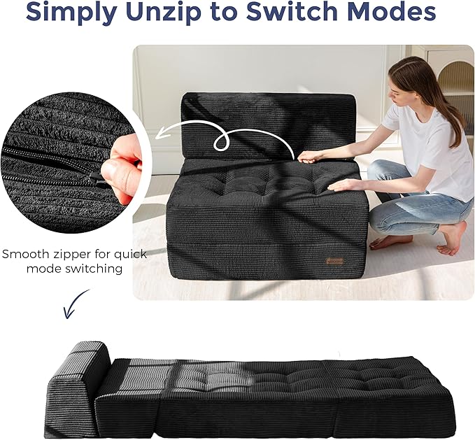 MAXYOYO 8" Folding Sofa Bed, Convertible Sleeper Sofa Lounger Foldable Mattress, Wedge Shape Floor Couch Tufted Fold Out Chair Bed Comfy Floor Couch Lounge for Living Room Bedroom, Single, Black
