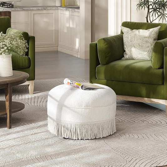 Jennifer Taylor Home Yolanda 24" Round Upholstered Accent Ottoman in Almond White Chenille
