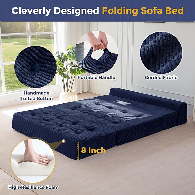 MAXYOYO 8" Folding Sofa Bed, Convertible Sleeper Sofa Lounger Foldable Mattress, Wedge Shape Floor Couch Tufted Fold Out Chair Bed Comfy Floor Couch Lounge for Living Room Bedroom, Loveseat, Navy