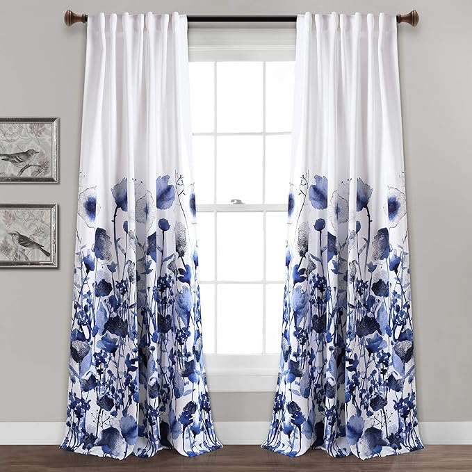 LUSH DÉCOR, 84” x 52”, Navy Lush Decor Zuri Flora Curtains Light Filtering Window Panel Set for Living, Dining, Bedroom (Pair)