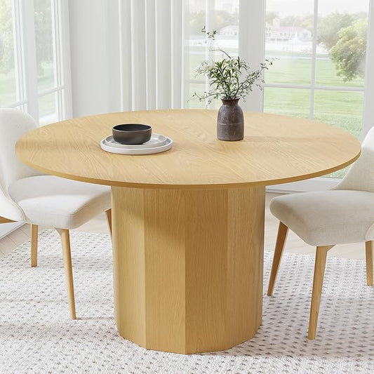 Casaphoria 52" Round Dining Table, Modern Wood Kitchen Table with Cylinder Polygonal Base for Living Room & Dining Room, Easy Assembly Farmhouse Furniture for 4-6, Oak