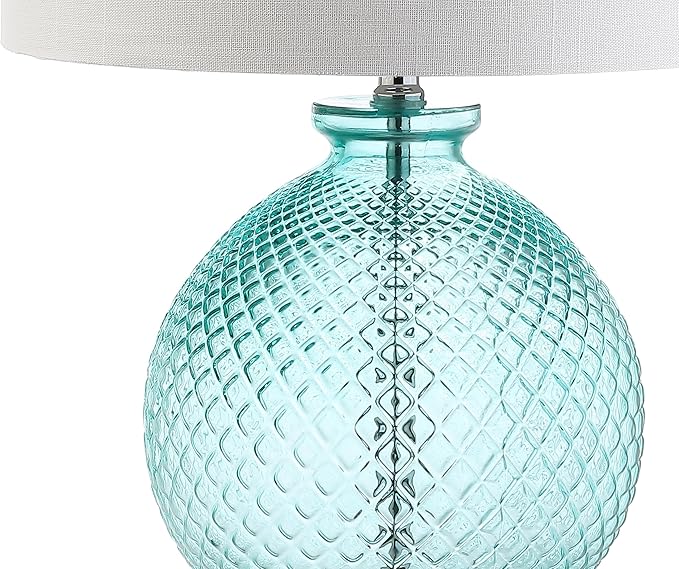 JONATHAN Y 26" Aqua Diamond-Etched Glass and Crystal Table Lamp, Coastal Transitional Bedside Lamp with White Linen Drum Shade for Living Room, LED Bulb Included JYL2003A
