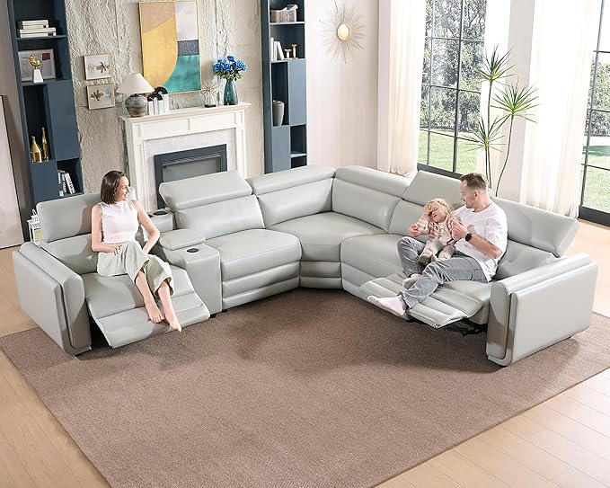 Jocisland Dual Power Recliner, Oversized 5-Seater Sofa with Console, 3 Bluetooth Speakers & Hidden Storage, Modern L Shaped Reclining Couch with 6 Charging Ports - Light Gray Leathaire