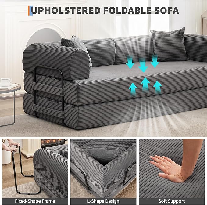 GarveeHome 79" Convertible Sleeper Sofa Bed Couch, 4-in-1 Boneless Corduroy Folding Sofa Bed with Pillow & Fixed-Shape, Floor Mattress Couch Loveseat for Living Room Apartments - No Assembly, Gray