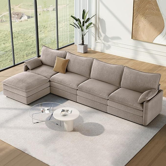 Vesgantti 142" Cloud Couch Sectional Modular Sofa, Comfy Sectional Couch with Ottoman Deep Seat Chenille L Shaped Sofa, Modular Couches for Living Room, Bedroom and Apartment, Light Brown | Sink-in Comfort, Height Adjustable, Easy Rearrangement, Extra-...
