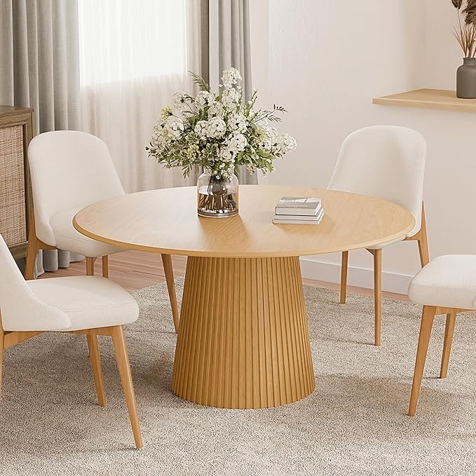 Casaphoria 52" Round Dining Table, Modern Wood Kitchen Table with Cone Grating Bar Base for Living Room & Dining Room, Easy Assembly Farmhouse Furniture for 4-6, Oak