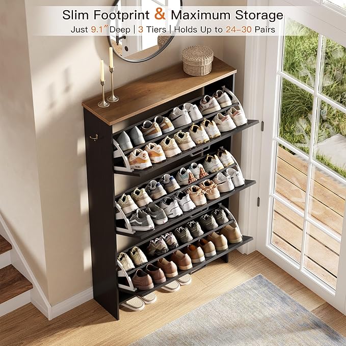 Nicetree Barn Door Shoe Cabinet for Entryway - Modern Farmhouse Shoe Storage Cabinet with 3 Flip Drawers - Slim Hidden Shoe Organizer for 24-32 Pairs - Fits Size 12 Work Boots