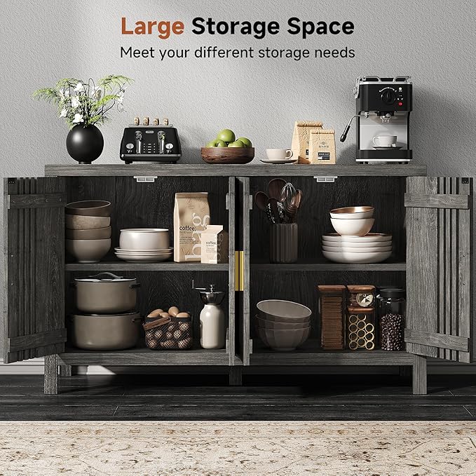 Sideboard Buffet Cabinet with Storage, 55" Large Kitchen Buffet Cabinets Farmhouse Storage Cabinet, Wood Coffee Bar Sideboards for Kitchen, Entryway, Living Room, Grey Oak