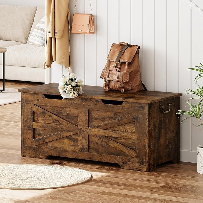 IDEALHOSUE 39.4" Storage Chest, Wooden Storage Bench with Safety Hinge, Retro Blanket Storage Trunk for Entryway, Living Room, Supports 350 lb, Rustic Brown