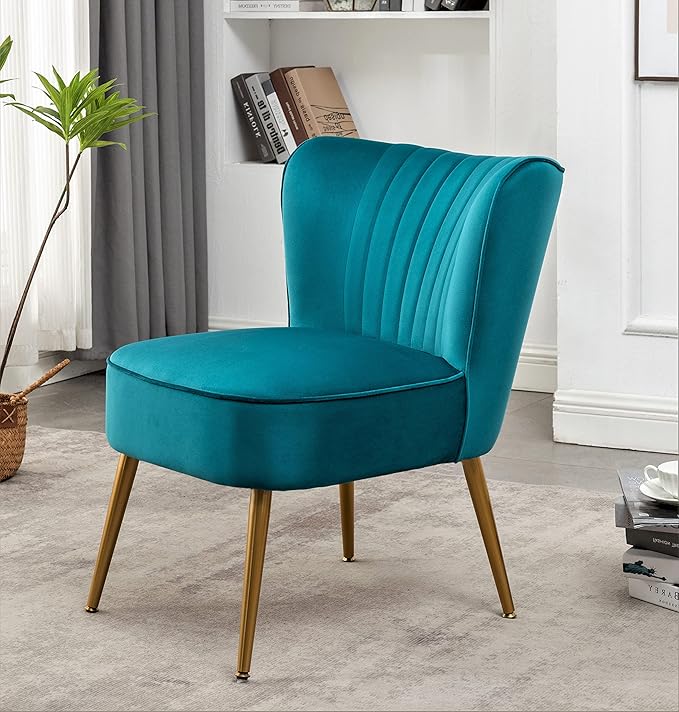 Modern Velvet Accent Chair for Living Room, Bedroom, or Entryway, Stylish and Comfortable Armless Design with Metal Legs, Greynish Blue