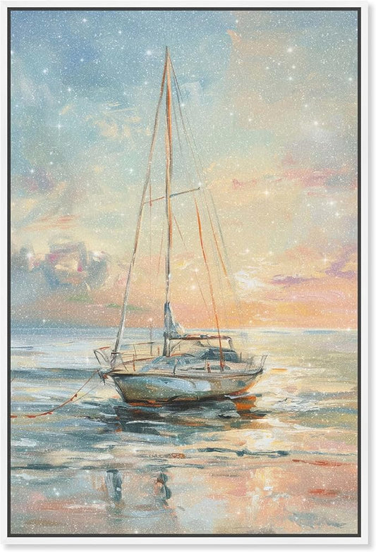 Art Remedy Boat On The Shore Framed Sailing 1 Piece Canvas Wall Art, 25" x 37", White Frame